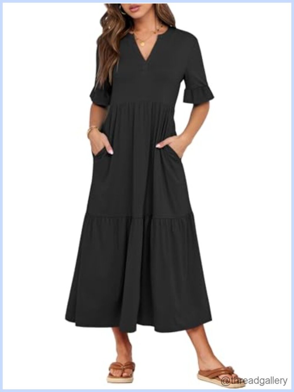 Womens Summer Maxi Dress Ruffle Short Sleeve V-Neck Flowy Tiered Vacation